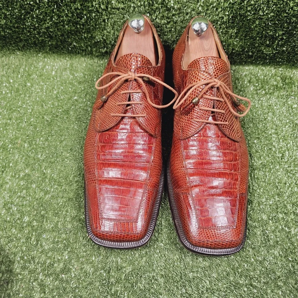 David Eden Genuine Crocodile Square Toe Brown Leather Oxford Shoes Mens 13